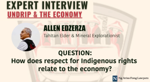 Title graphic with text "Expert Interview: UNDRIP & the Economy" with Allen Edzerza, Tahltan Elder and Mineral Explorationist